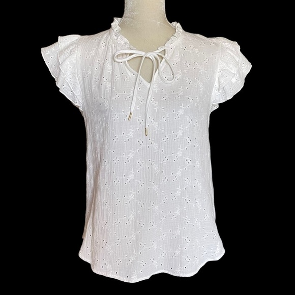 Ann Klein Cotton Eyelet Flutter Sleeves White Top Women’s Size S Coastal - Picture 1 of 8